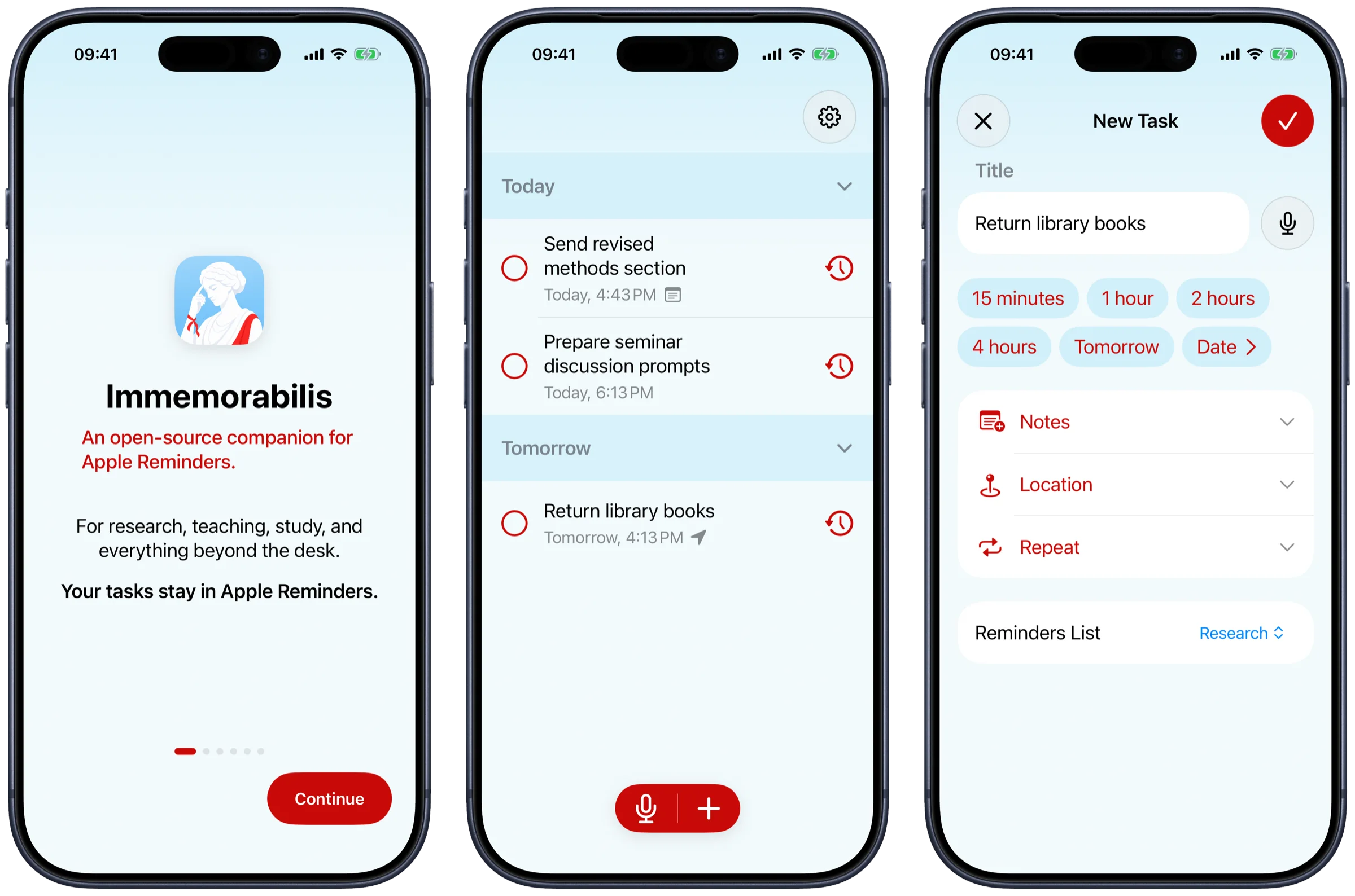 Immemorabilis onboarding, agenda, and new task editor displayed in three blue iPhone frames